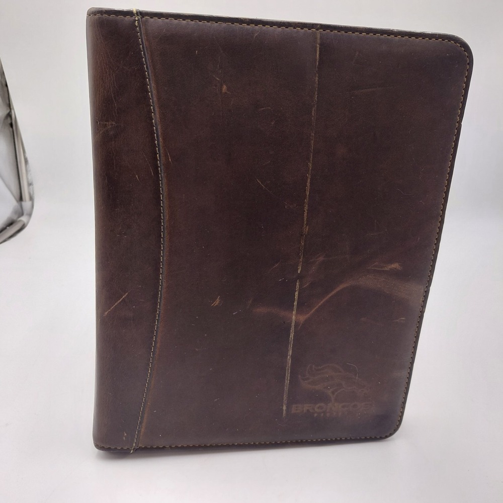 BRONCOS Franklin Covey Brown Leather Zip Planner 7 Ring Binder Vtg 11" X 8.5"